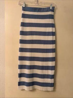 Sea Blue and White Striped Midi Pencil Skirt